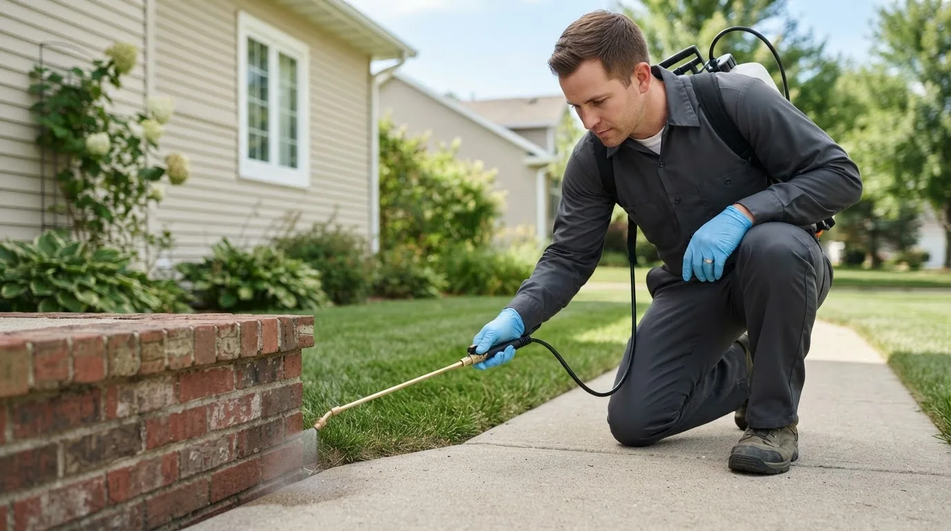 Pest control technician treating a home near Bladen, NE